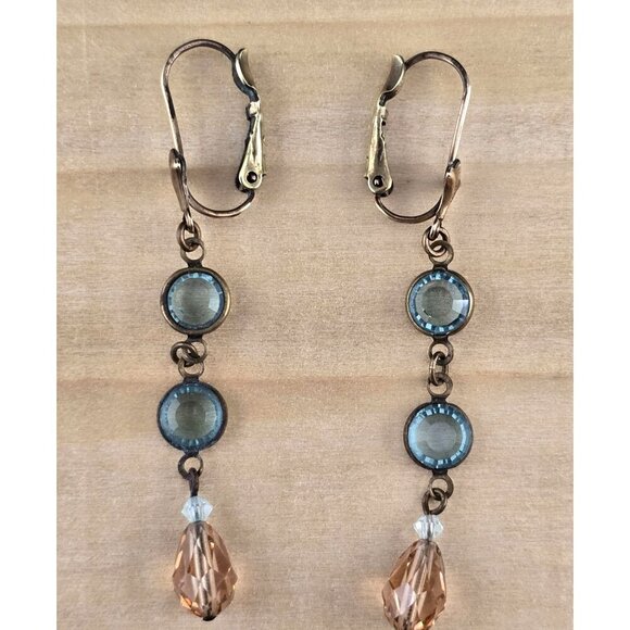 Vintage Liz Palacios Gold Tone Blue & Peach Swarovski Dangle Earrings Lever-back - Picture 6 of 9